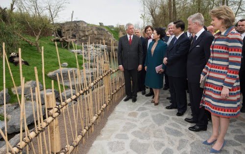 (From L-R) Eric Domb, the founder of Pairi Daiza, Vice-Prime Minister and Foreign Minister Didier Reynders, Peng Liyuan, the wife of Chinese President Xi Jinping, Prime Minister Elio Di Rupo, Chinese President Xi Jinping, King Philippe of Belgium and Queen Mathilde of Belgium visit the Chinese pandas at the Pairi Daiza animal park, on March 30, 2014, in Brugelette. Chinese President Xi Jinping is visiting Belgium from March 30 to April 1. AFP PHOTO / BELGA / LAURIE DIEFFEMBACQ   ***BELGIUM OUT***