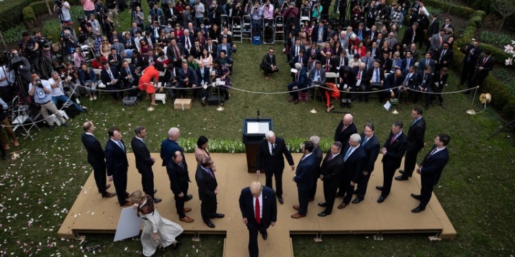 President Donald Trump departs after speaking during a news conference about the coronavirus in the Rose Garden at the White House, Friday, March 13, 2020, in Washington. (AP Photo/Alex Brandon)