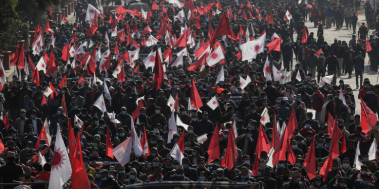 Protesters affiliated with a faction of the ruling Nepal Communist Party take part in a rally against the dissolution of parliament, in Kathmandu, Nepal December 29, 2020. REUTERS/Navesh Chitrakar